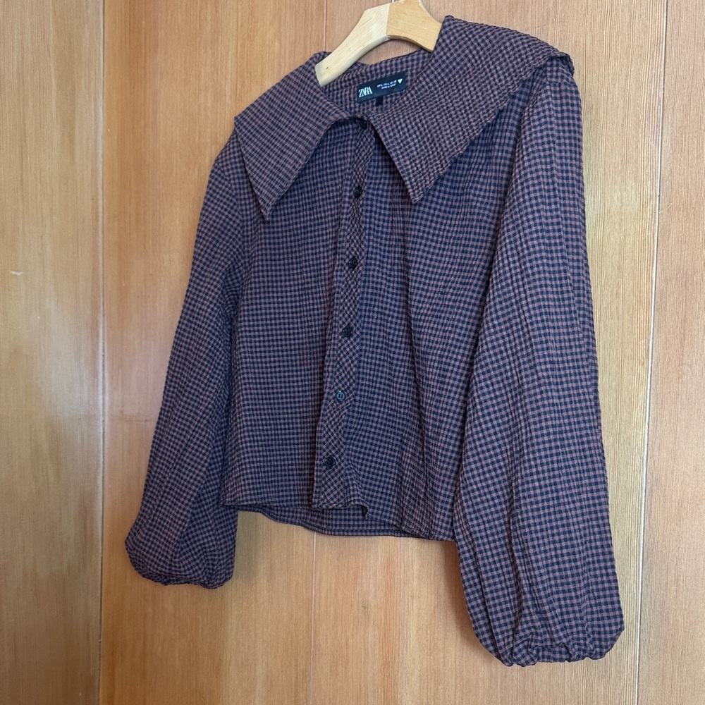Zara Brown Checked Button-Down with Oversized Col… - image 4